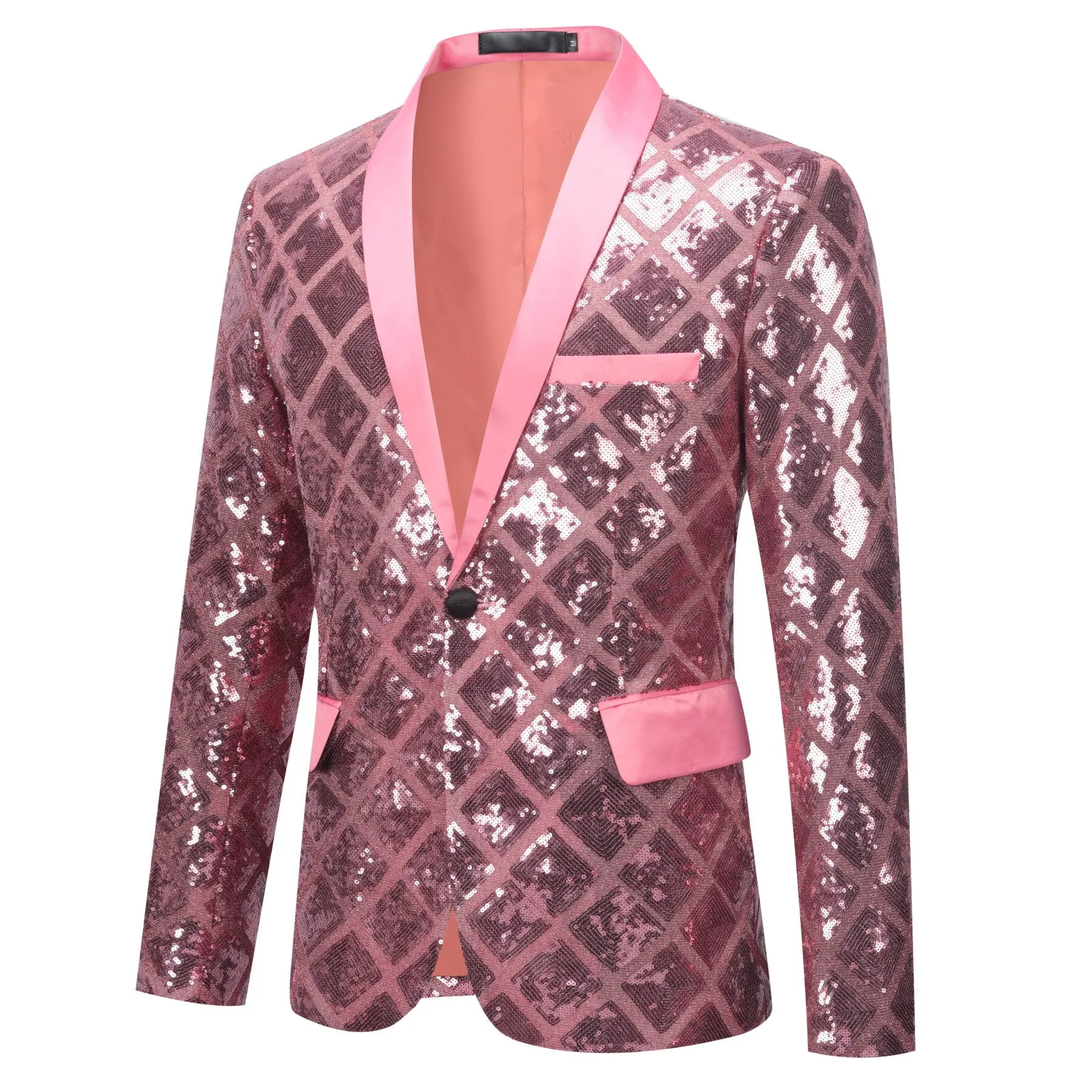 Men's One Button Plaid Sequin Blazer Pink