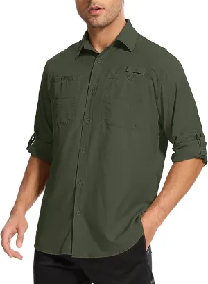 Mens Safari Shirt Long Sleeve UPF 50  Sun Protection Fishing Shirts MenConvertible Cuffs Hiking Shirts for Men