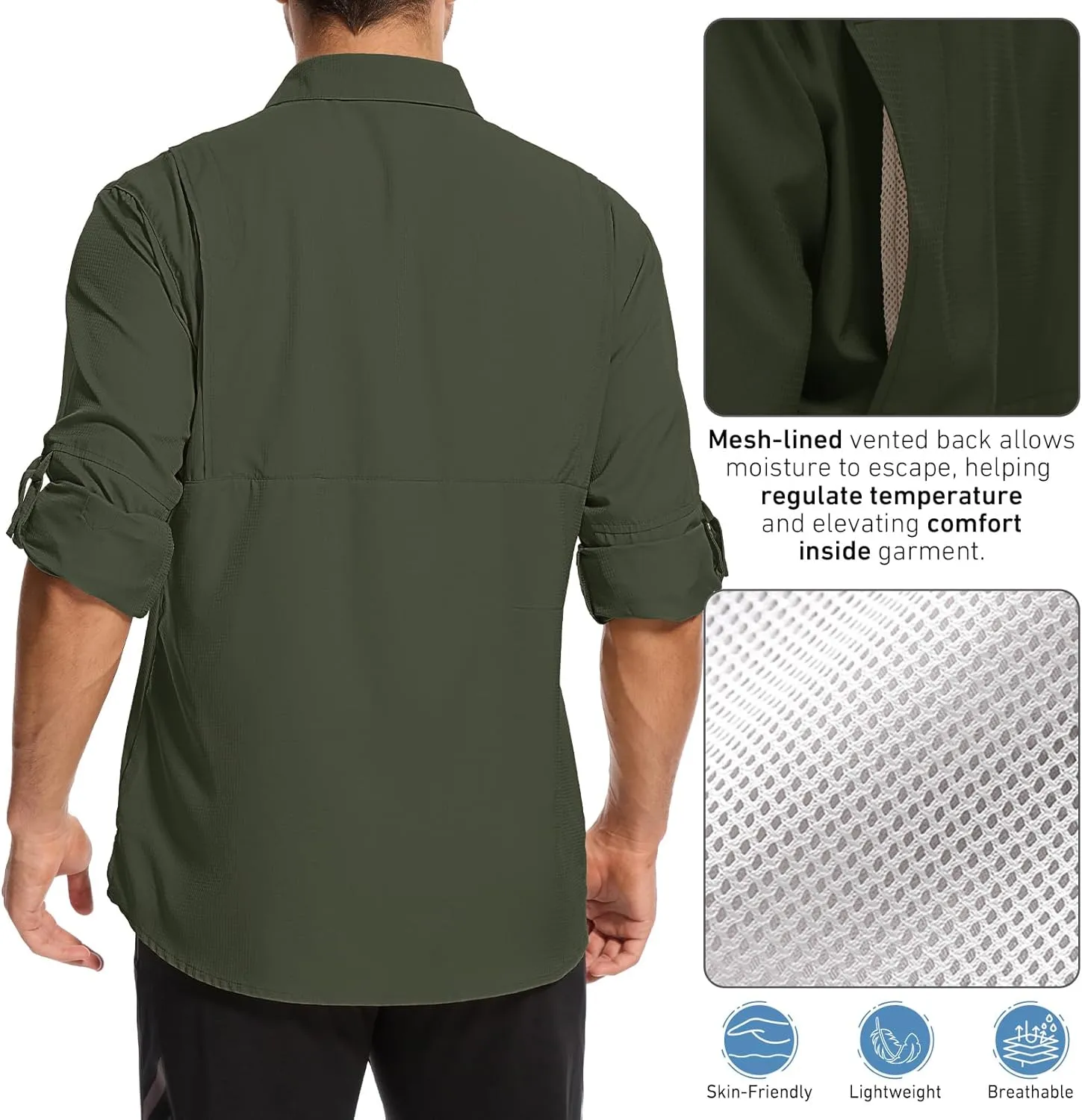 Mens Safari Shirt Long Sleeve UPF 50  Sun Protection Fishing Shirts MenConvertible Cuffs Hiking Shirts for Men