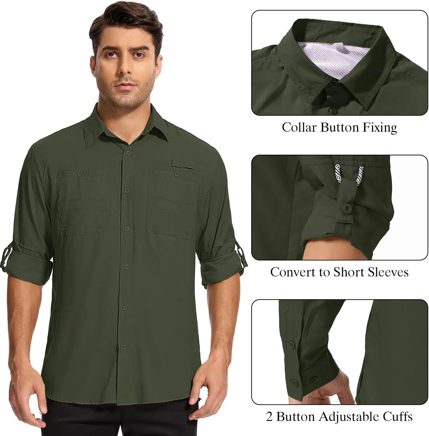 Mens Safari Shirt Long Sleeve UPF 50  Sun Protection Fishing Shirts MenConvertible Cuffs Hiking Shirts for Men