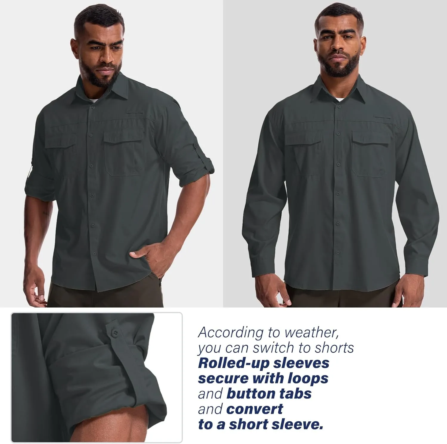 Mens Safari Sun Shirts UPF 50  UV Sun Protection Long Sleeve Outdoor Quick Dry Fishing Hiking Gardening Shirts