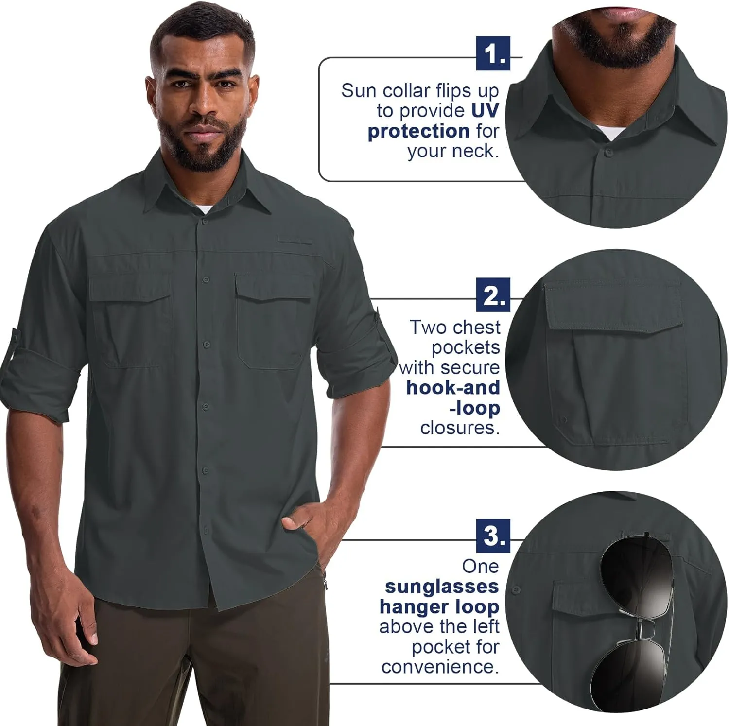 Mens Safari Sun Shirts UPF 50  UV Sun Protection Long Sleeve Outdoor Quick Dry Fishing Hiking Gardening Shirts