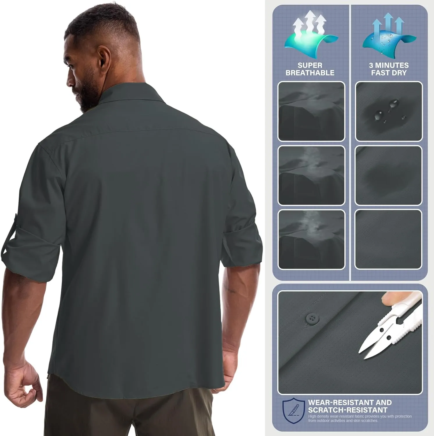 Mens Safari Sun Shirts UPF 50  UV Sun Protection Long Sleeve Outdoor Quick Dry Fishing Hiking Gardening Shirts