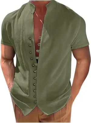 Mens Short Sleeve Linen Shirt Button Up Loose Fit Vintage Shirts Banded Collar Solid Color Tops Casual Summer Beach Shirts