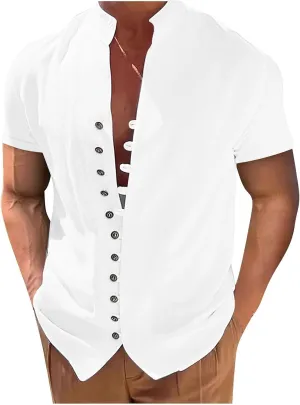 Mens Short Sleeve Linen Shirt Button Up Loose Fit Vintage Shirts Banded Collar Solid Color Tops Casual Summer Beach Shirts