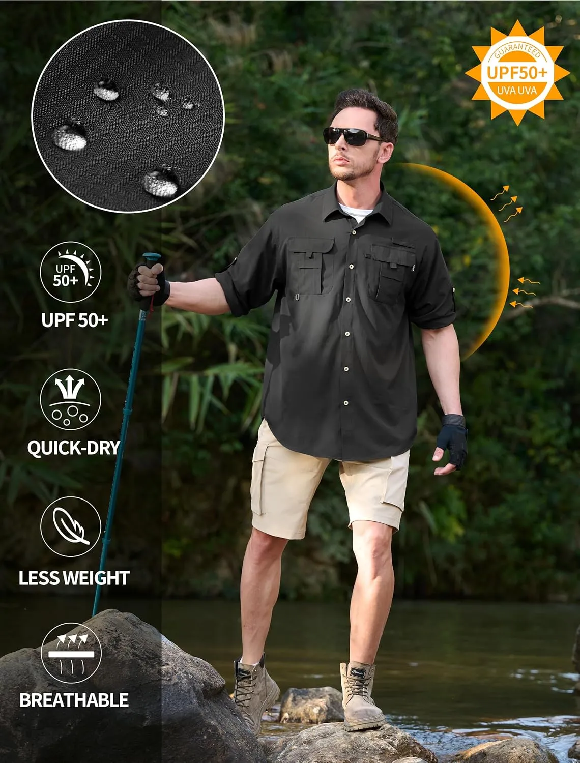 Men's Sun Protection Fishing Shirts Lightweight Long Sleeve UPF 50  Travel Work Hiking Shirts with Pockets
