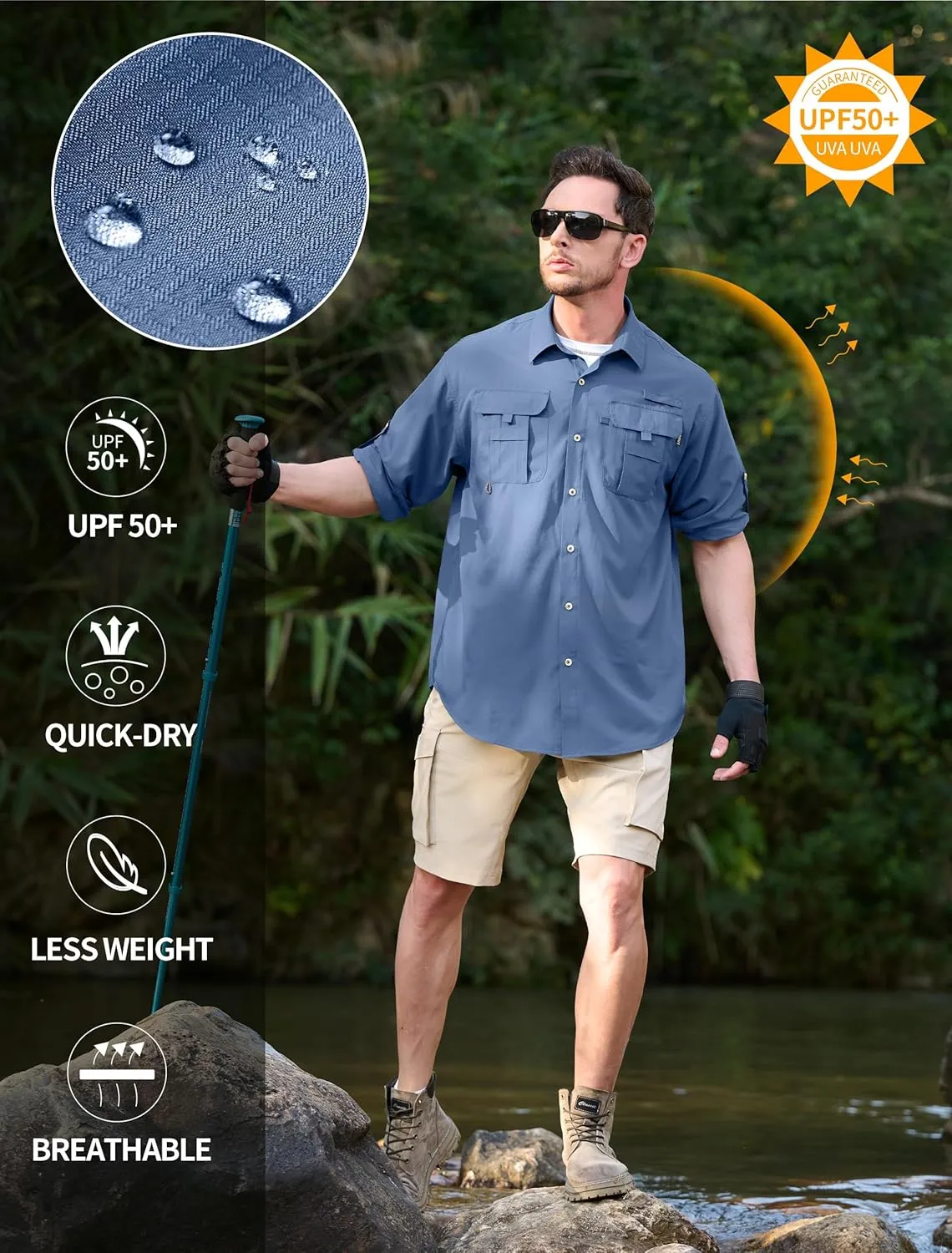 Men's Sun Protection Fishing Shirts Lightweight Long Sleeve UPF 50  Travel Work Hiking Shirts with Pockets