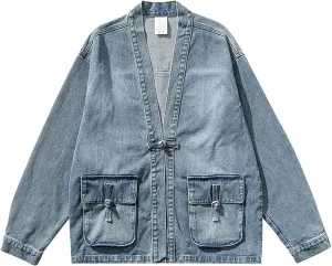 Mens Trendy Japanese Style Denim Kimono Jackets One Button Casual Washed Jean Jacket Hip Hop Distressed Vintage Coats