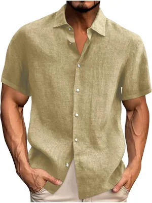 Mens's Cotton Linen Lightweight Lapel Shirts Summer Short Sleeve Solid Button Down Shirt Casual Fashion Tropical Tops