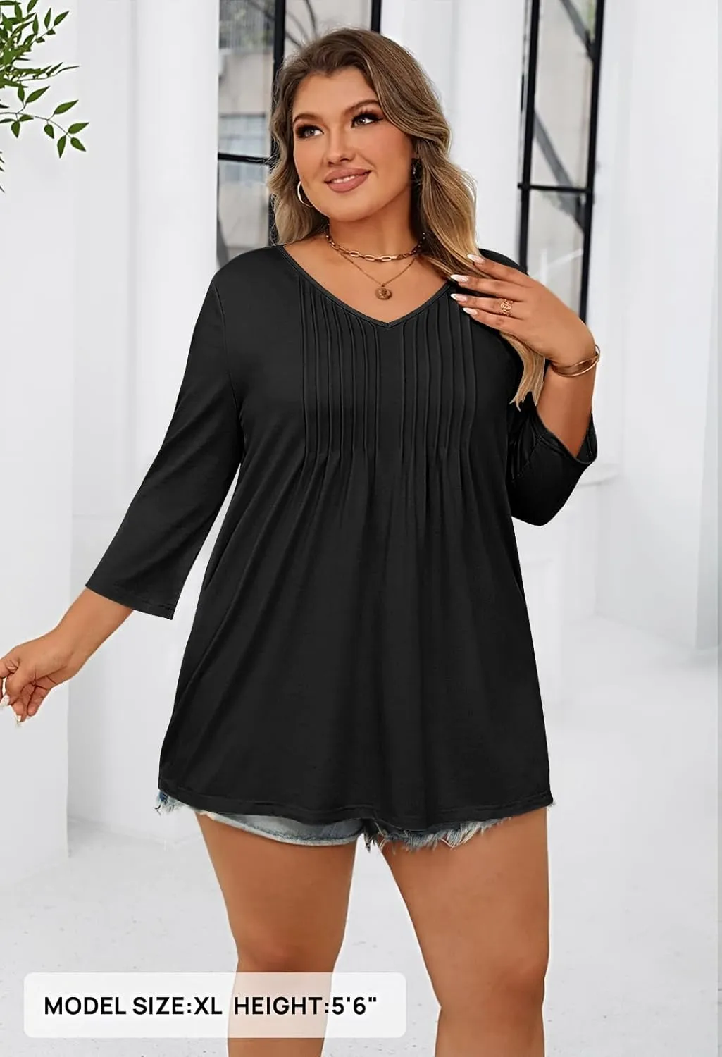 MEROKEETY 3/4 Length Sleeve Womens Tops Summer Casual Pleated Tunic Tops Loose Fit Shirts Blouses