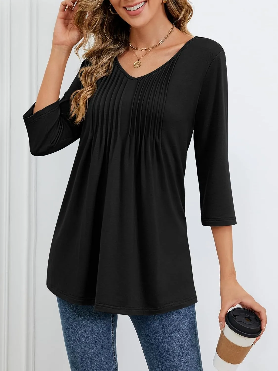 MEROKEETY 3/4 Length Sleeve Womens Tops Summer Casual Pleated Tunic Tops Loose Fit Shirts Blouses