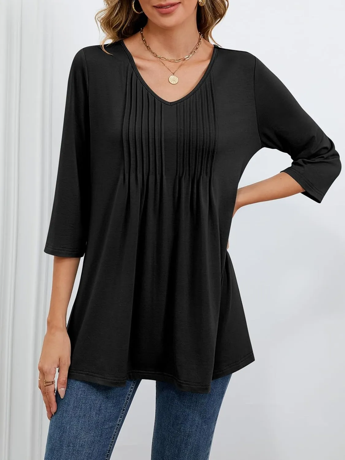 MEROKEETY 3/4 Length Sleeve Womens Tops Summer Casual Pleated Tunic Tops Loose Fit Shirts Blouses