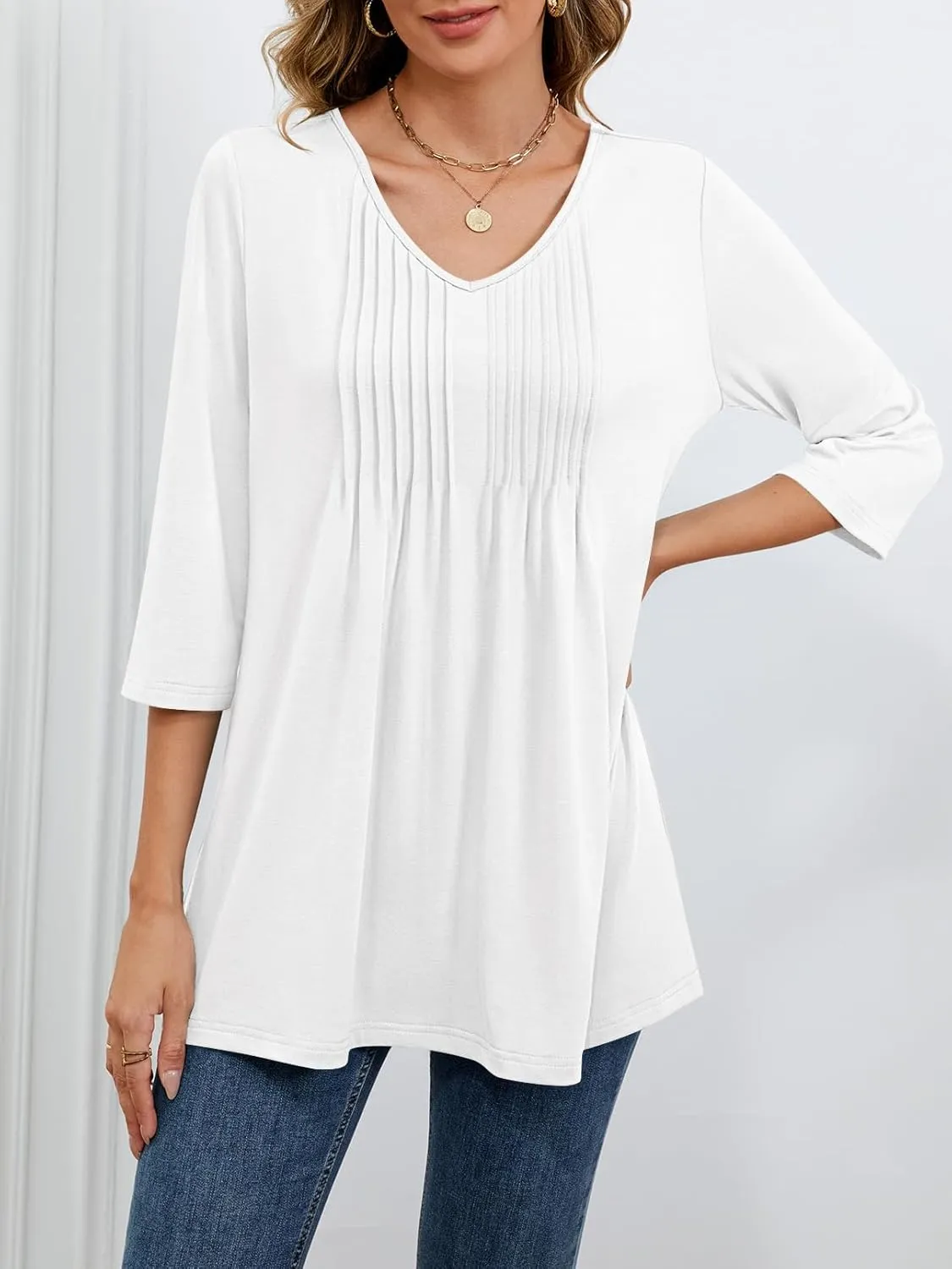 MEROKEETY 3/4 Length Sleeve Womens Tops Summer Casual Pleated Tunic Tops Loose Fit Shirts Blouses