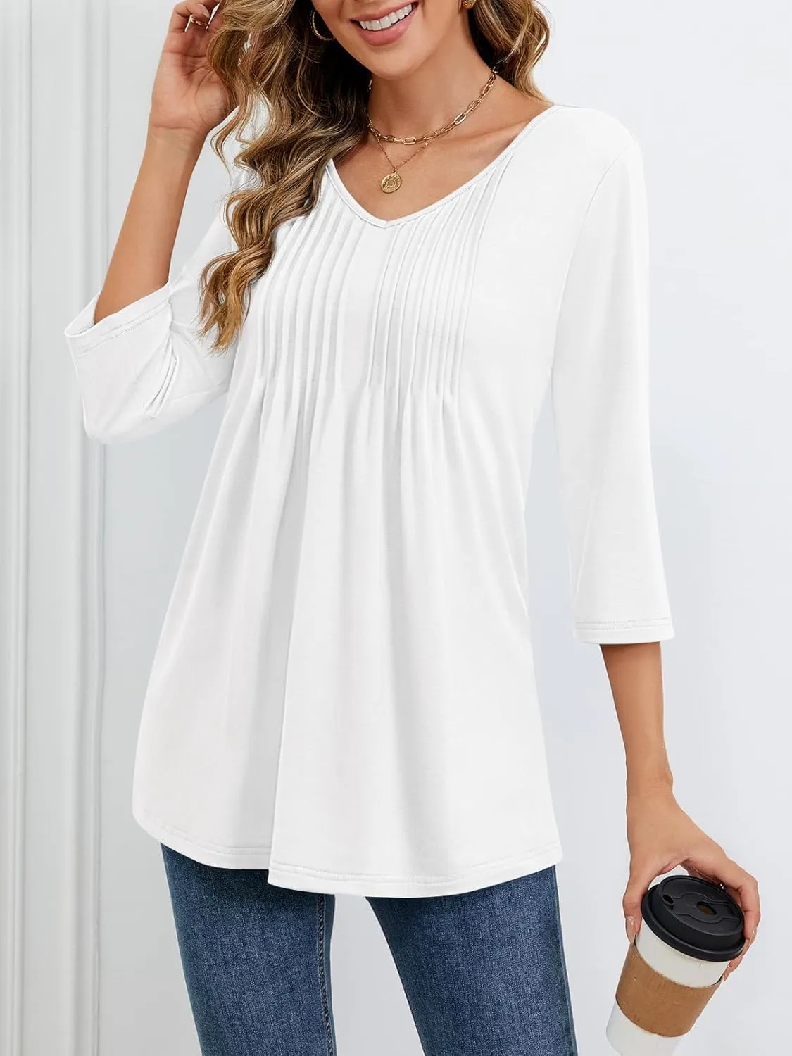 MEROKEETY 3/4 Length Sleeve Womens Tops Summer Casual Pleated Tunic Tops Loose Fit Shirts Blouses