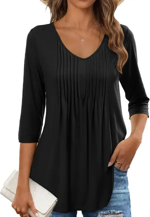 MEROKEETY 3/4 Length Sleeve Womens Tops Summer Casual Pleated Tunic Tops Loose Fit Shirts Blouses