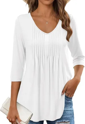 MEROKEETY 3/4 Length Sleeve Womens Tops Summer Casual Pleated Tunic Tops Loose Fit Shirts Blouses