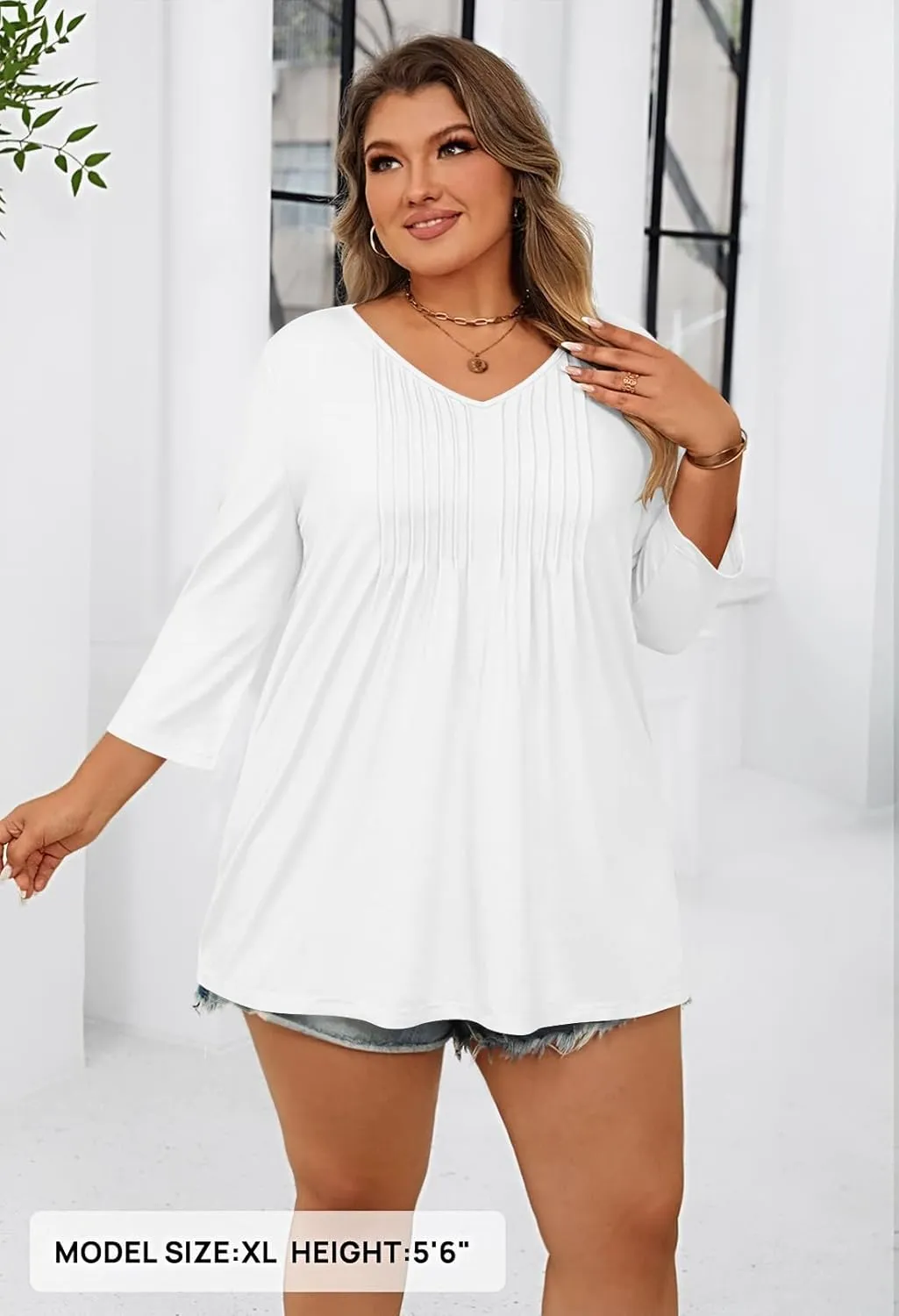 MEROKEETY 3/4 Length Sleeve Womens Tops Summer Casual Pleated Tunic Tops Loose Fit Shirts Blouses