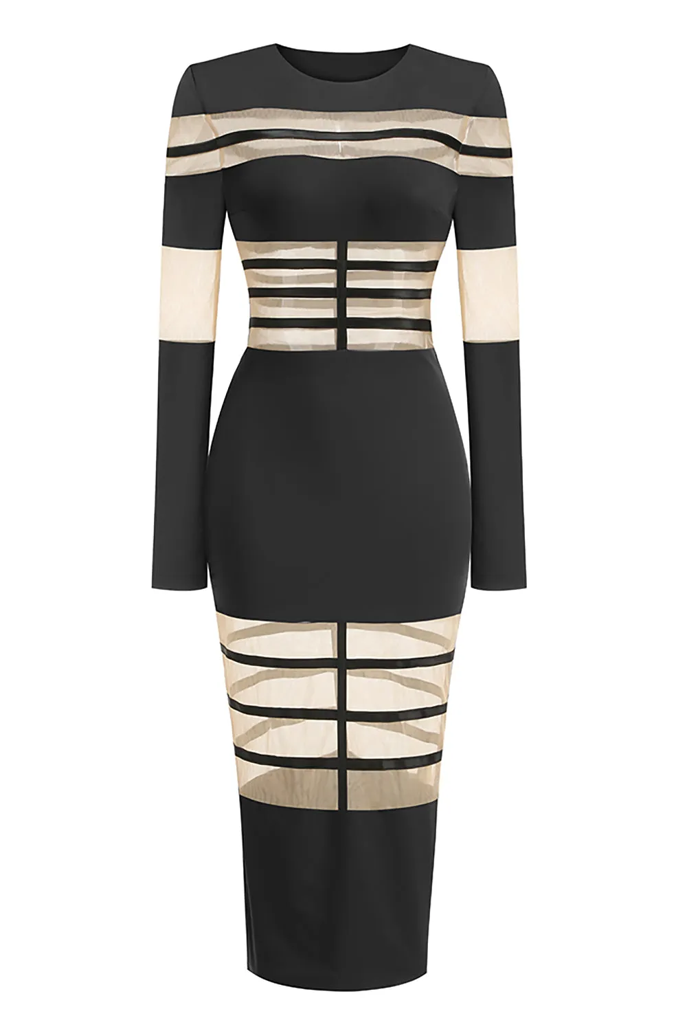 Mesh-Panel Fishtail Midi Dress in Black