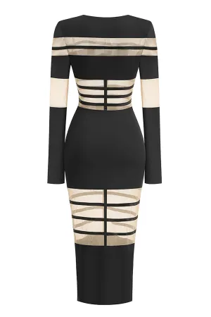Mesh-Panel Fishtail Midi Dress in Black