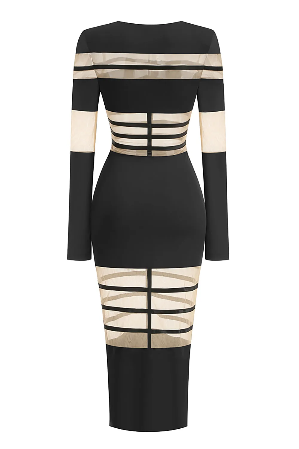 Mesh-Panel Fishtail Midi Dress in Black