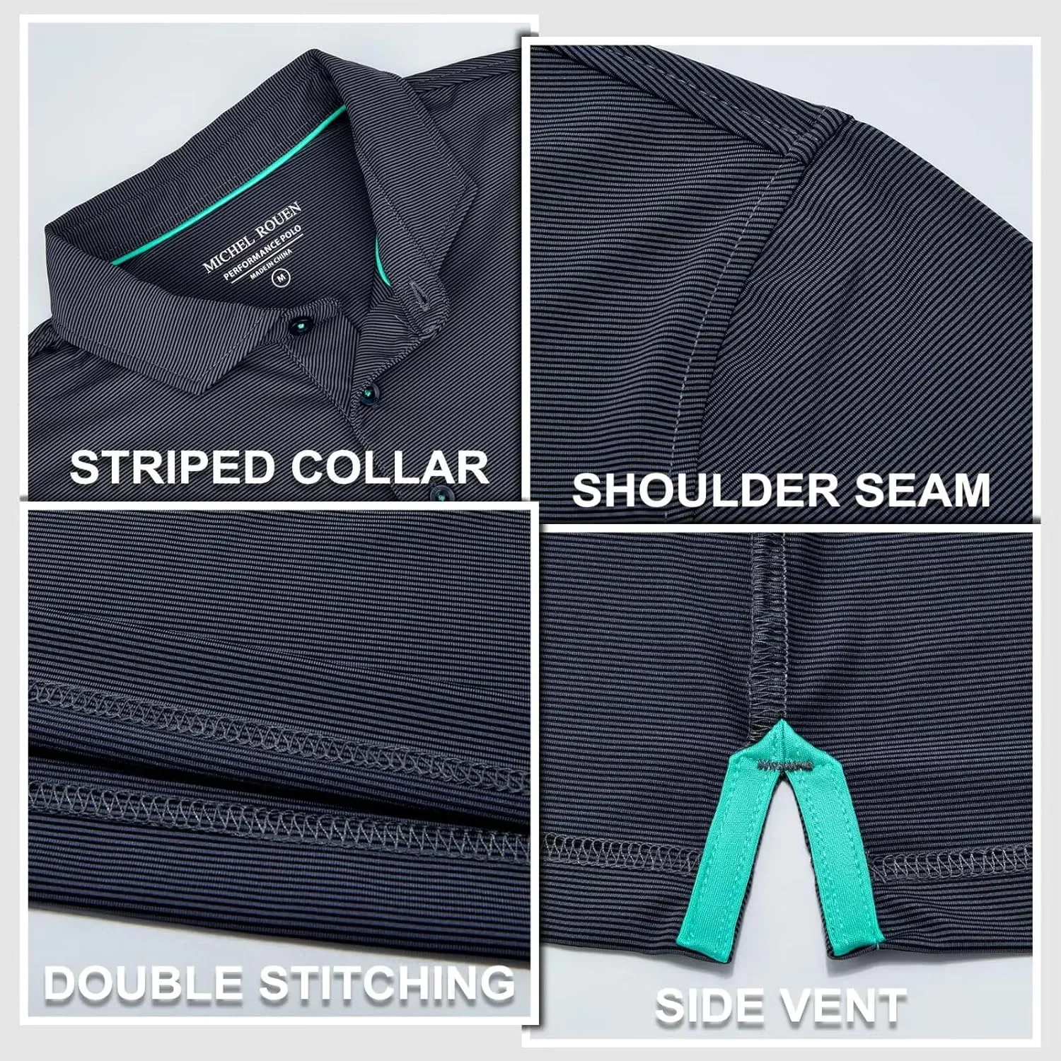 MICHEL ROUEN Golf Shirts for Men Short Sleeve Lightweight Quick Dry Pin Striped Casual Collared Polo Shirts