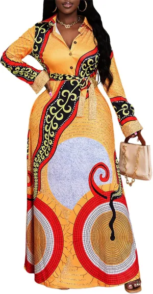 MsavigVice Maxi Dresses for Women V Neck Long Sleeves Button Down Chruch Dresses Loose Big Swing Long Dress with Pockets