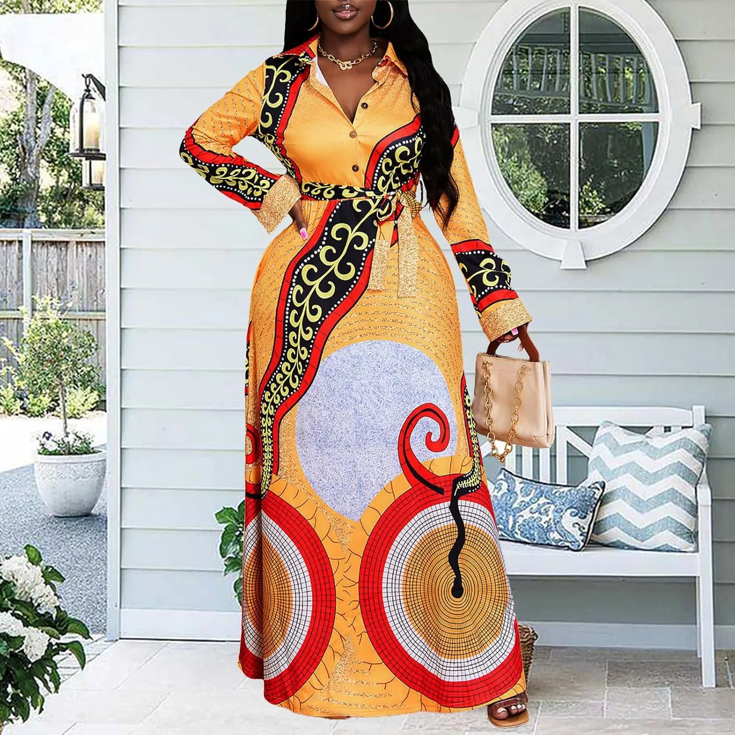 MsavigVice Maxi Dresses for Women V Neck Long Sleeves Button Down Chruch Dresses Loose Big Swing Long Dress with Pockets