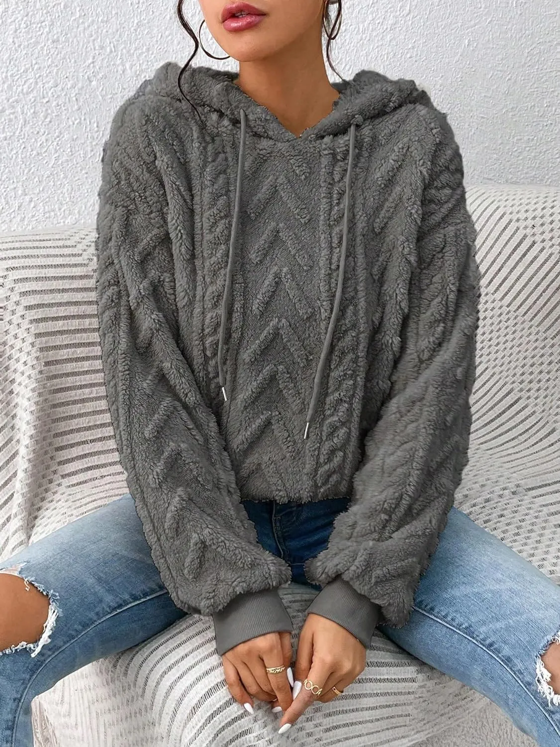 Narecte Sherpa Hoodies for Women Fluffy Hooded Sweatshirt Pullover Hoodie with Pattern Women's Winter Warm Fleece Sweaters