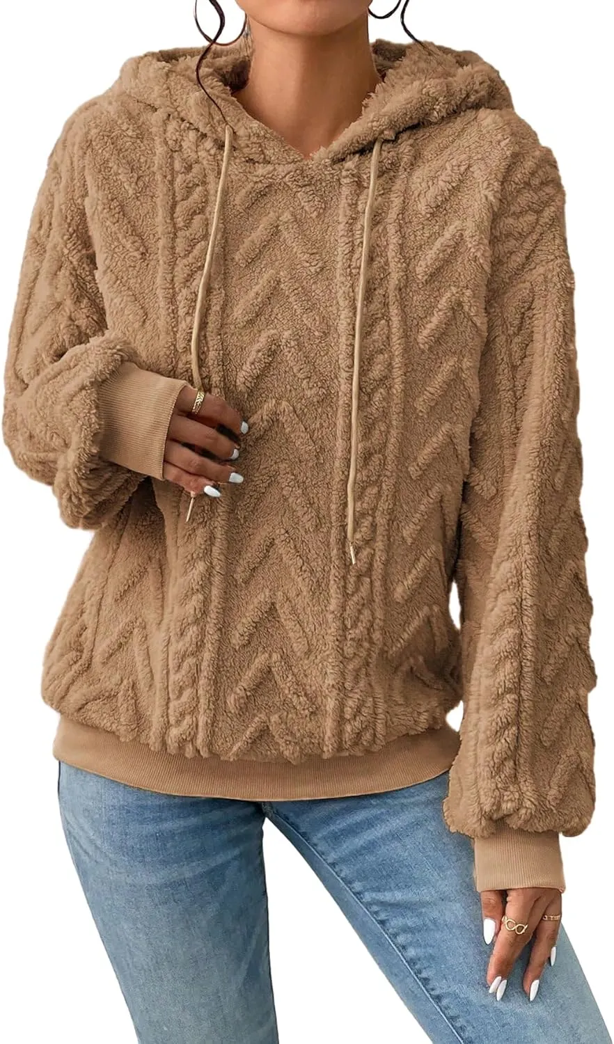 Narecte Sherpa Hoodies for Women Fluffy Hooded Sweatshirt Pullover Hoodie with Pattern Women's Winter Warm Fleece Sweaters