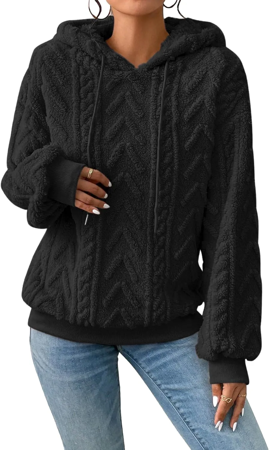 Narecte Sherpa Hoodies for Women Fluffy Hooded Sweatshirt Pullover Hoodie with Pattern Women's Winter Warm Fleece Sweaters