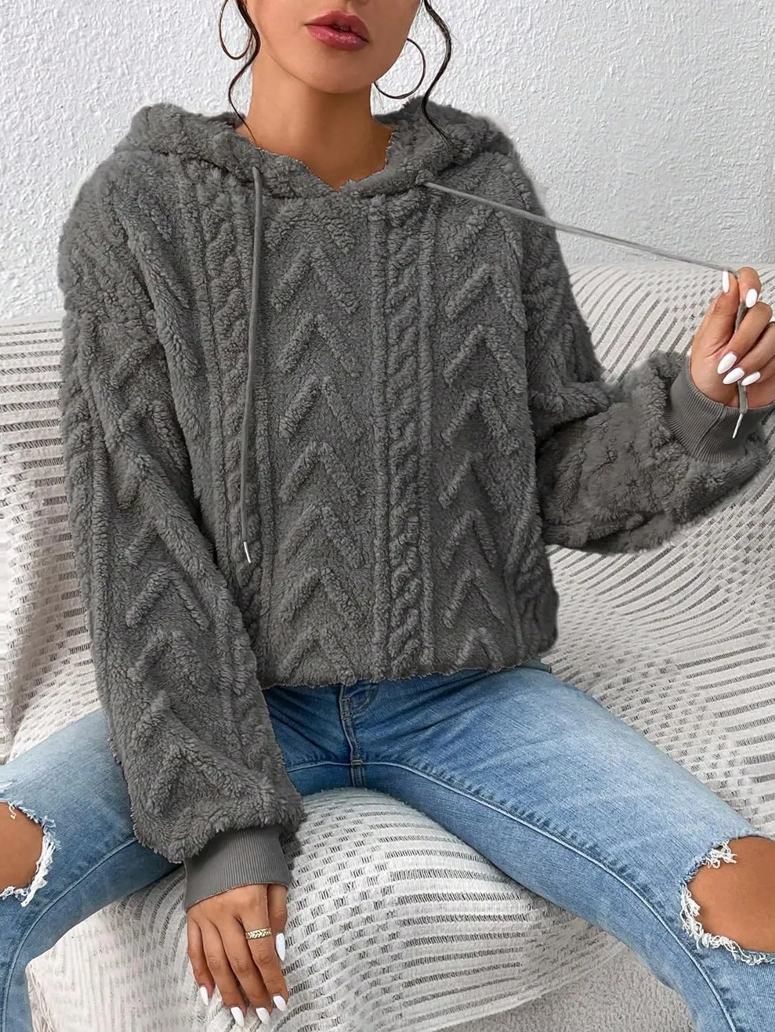 Narecte Sherpa Hoodies for Women Fluffy Hooded Sweatshirt Pullover Hoodie with Pattern Women's Winter Warm Fleece Sweaters