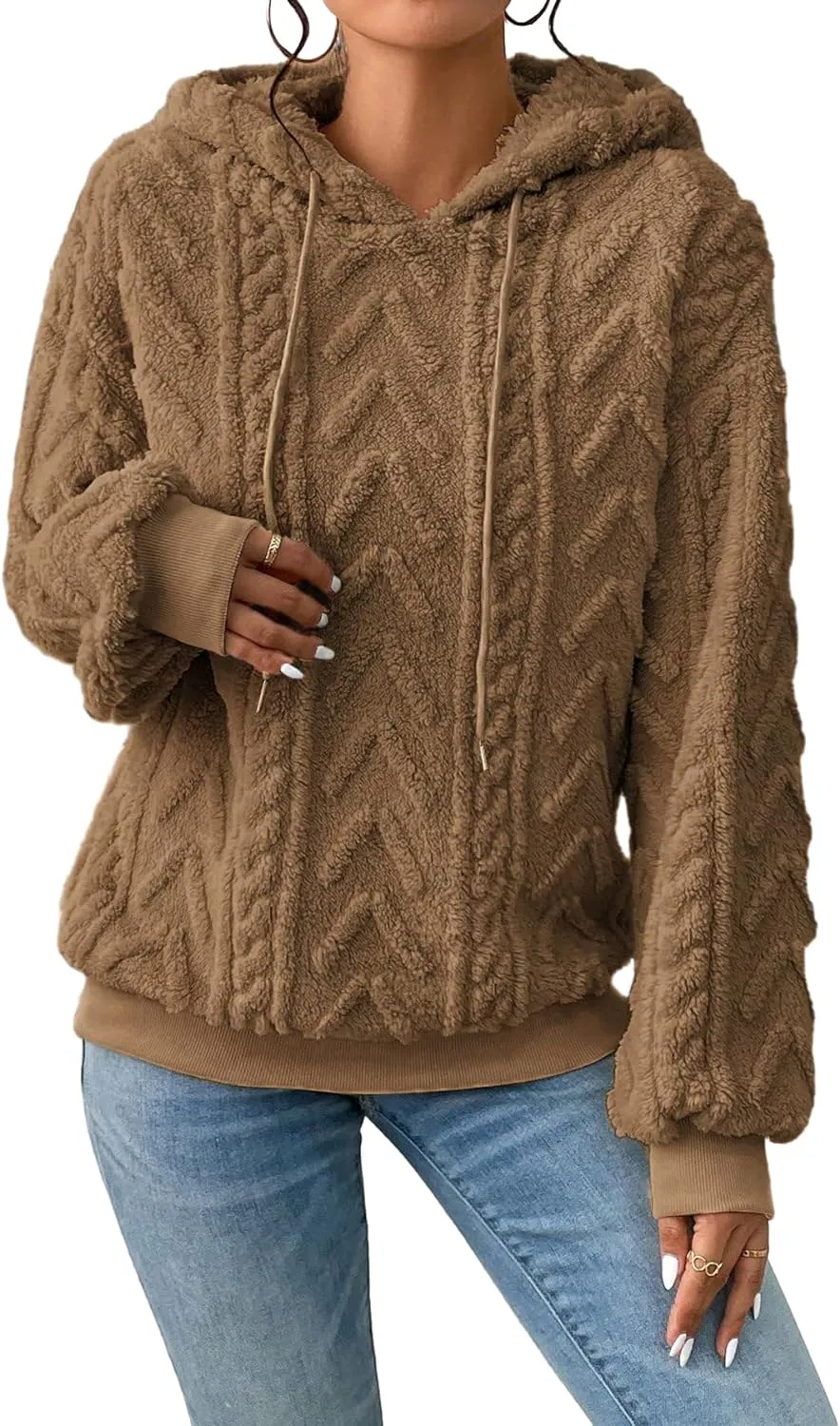 Narecte Sherpa Hoodies for Women Fluffy Hooded Sweatshirt Pullover Hoodie with Pattern Women's Winter Warm Fleece Sweaters
