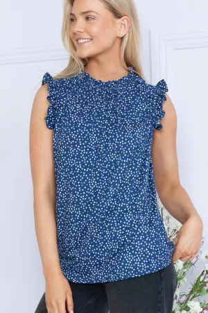Navy Dot Ruffle Sleeve Tank