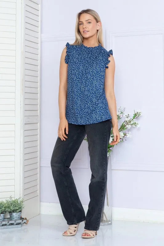 Navy Dot Ruffle Sleeve Tank