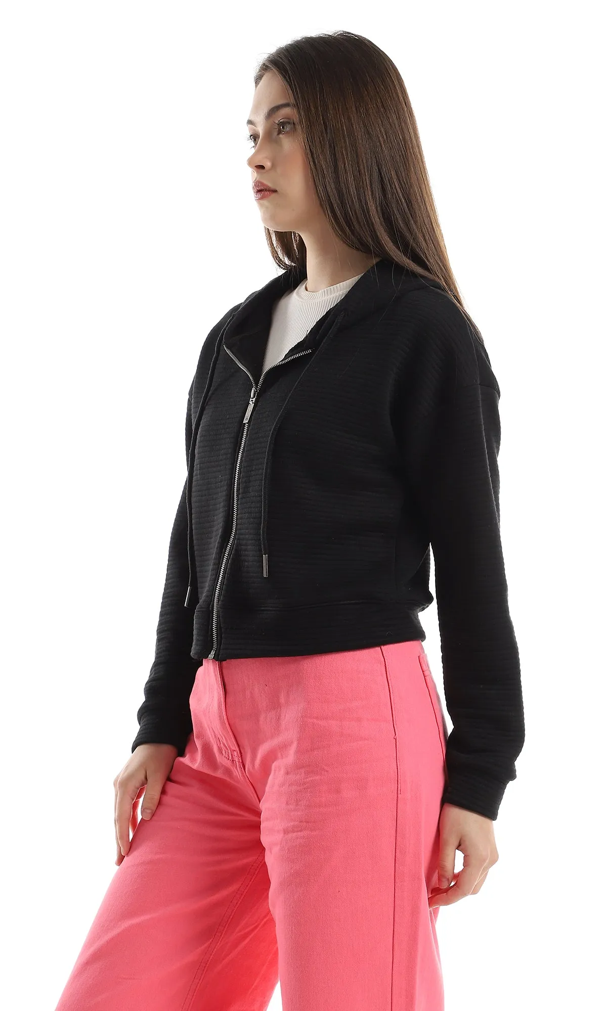 O162742 Zipper Hooded Ribbed Black Sweatshirt