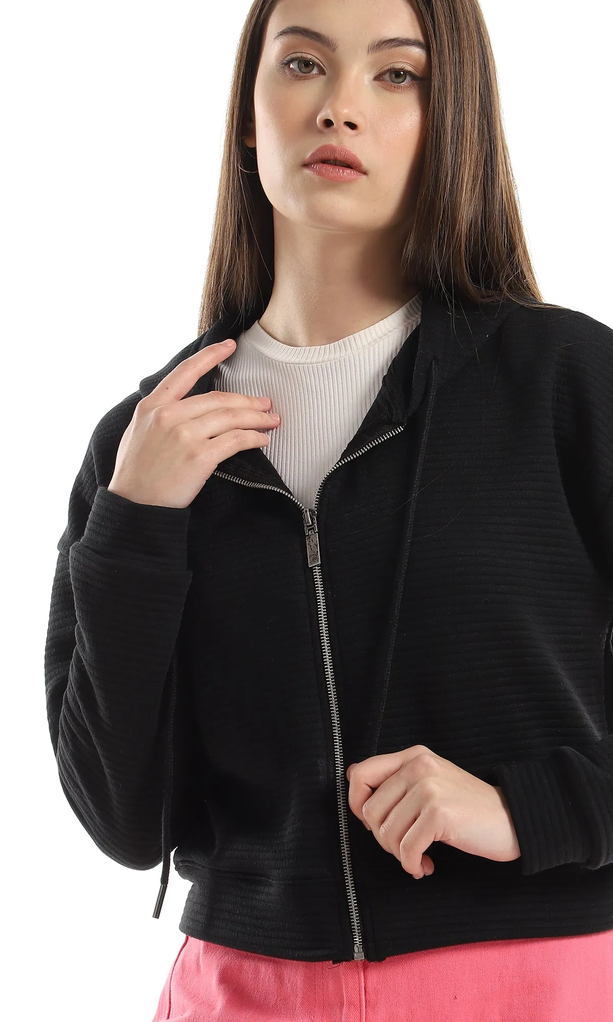 O162742 Zipper Hooded Ribbed Black Sweatshirt