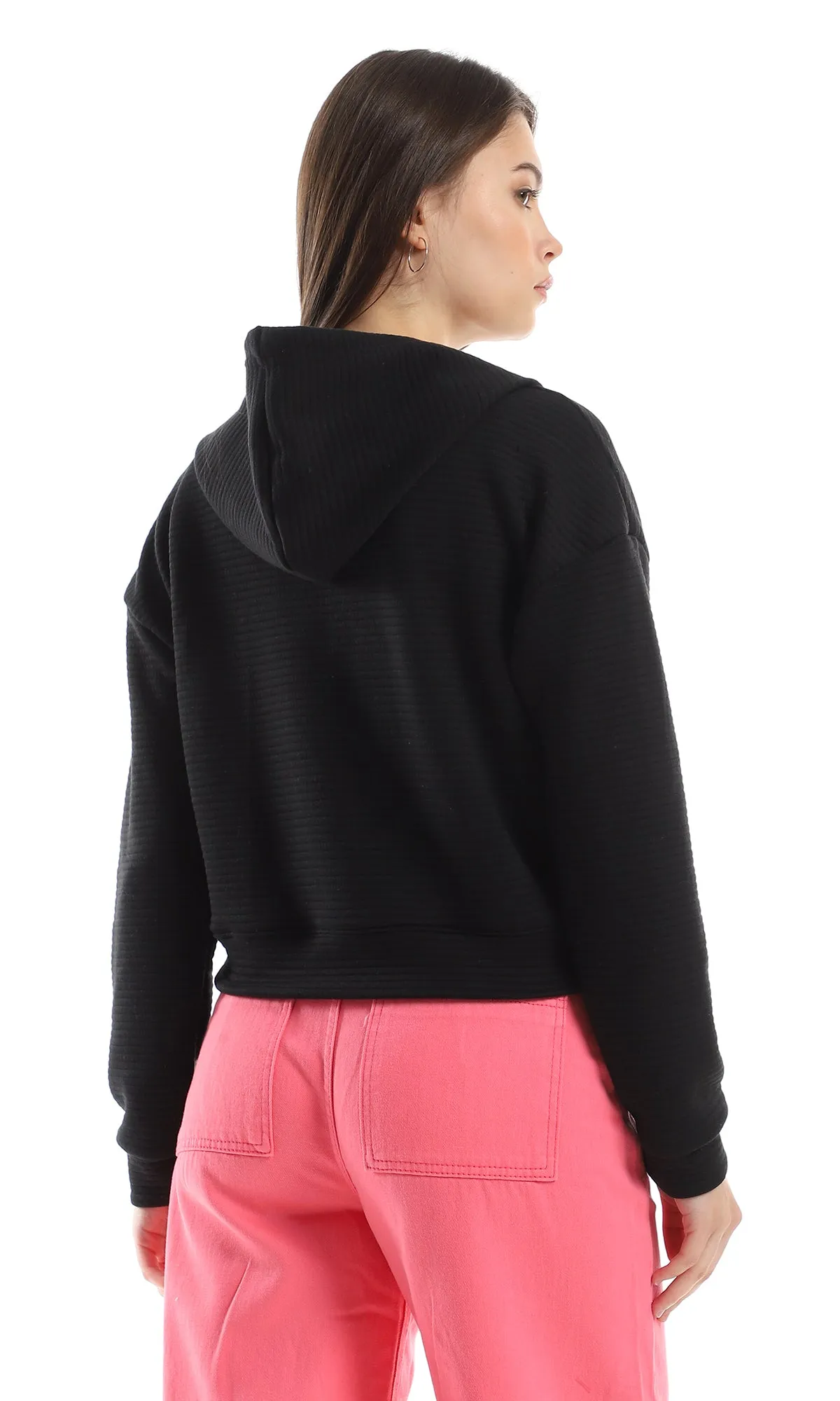 O162742 Zipper Hooded Ribbed Black Sweatshirt