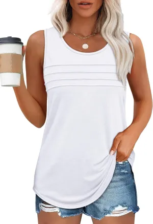 OFEEFAN Tank Top for Women Summer Outfits Sleeveless Blouses Dressy Casual Loose Fit Shirts Scooped Neck Pleated Front