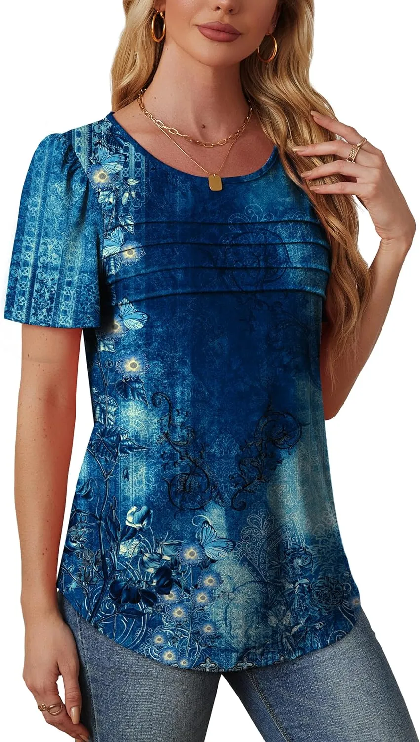 OFEEFAN Womens T Shirts Short Sleeve Tops Dressy Casual Blouses Spring Summer Outfits Flowy Pleated Front Scooped Neck