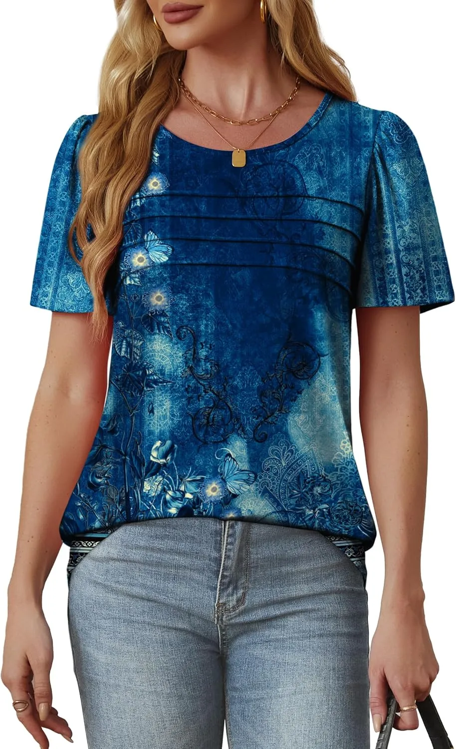 OFEEFAN Womens T Shirts Short Sleeve Tops Dressy Casual Blouses Spring Summer Outfits Flowy Pleated Front Scooped Neck