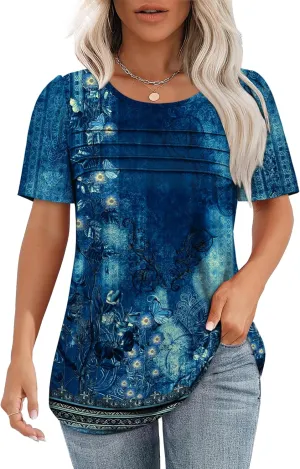 OFEEFAN Womens T Shirts Short Sleeve Tops Dressy Casual Blouses Spring Summer Outfits Flowy Pleated Front Scooped Neck