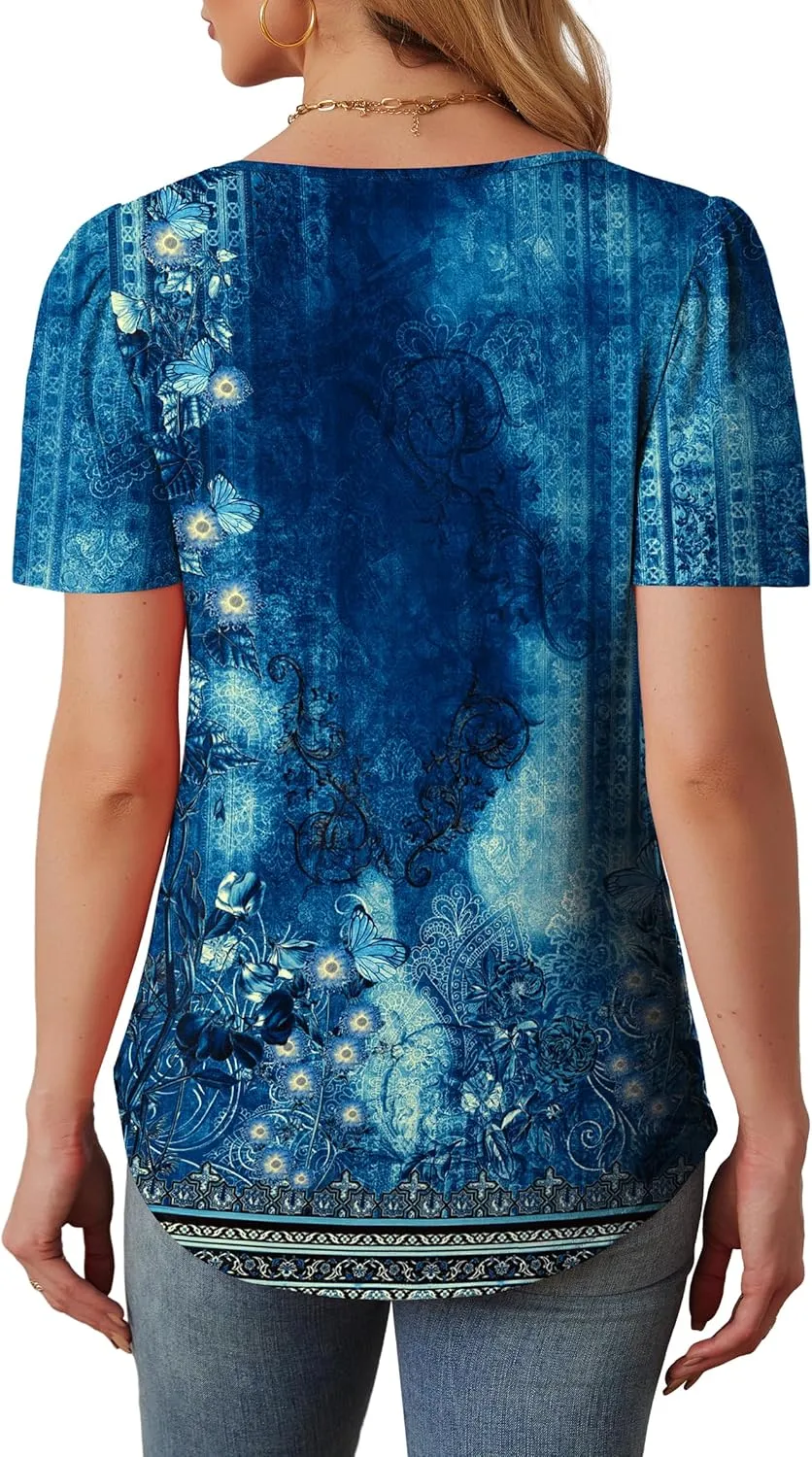 OFEEFAN Womens T Shirts Short Sleeve Tops Dressy Casual Blouses Spring Summer Outfits Flowy Pleated Front Scooped Neck