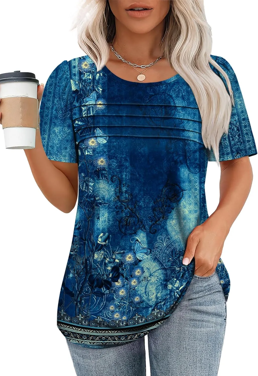 OFEEFAN Womens T Shirts Short Sleeve Tops Dressy Casual Blouses Spring Summer Outfits Flowy Pleated Front Scooped Neck