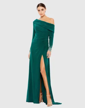Off-the-shoulder jersey gown with jewel-accented cuffs - Emerald