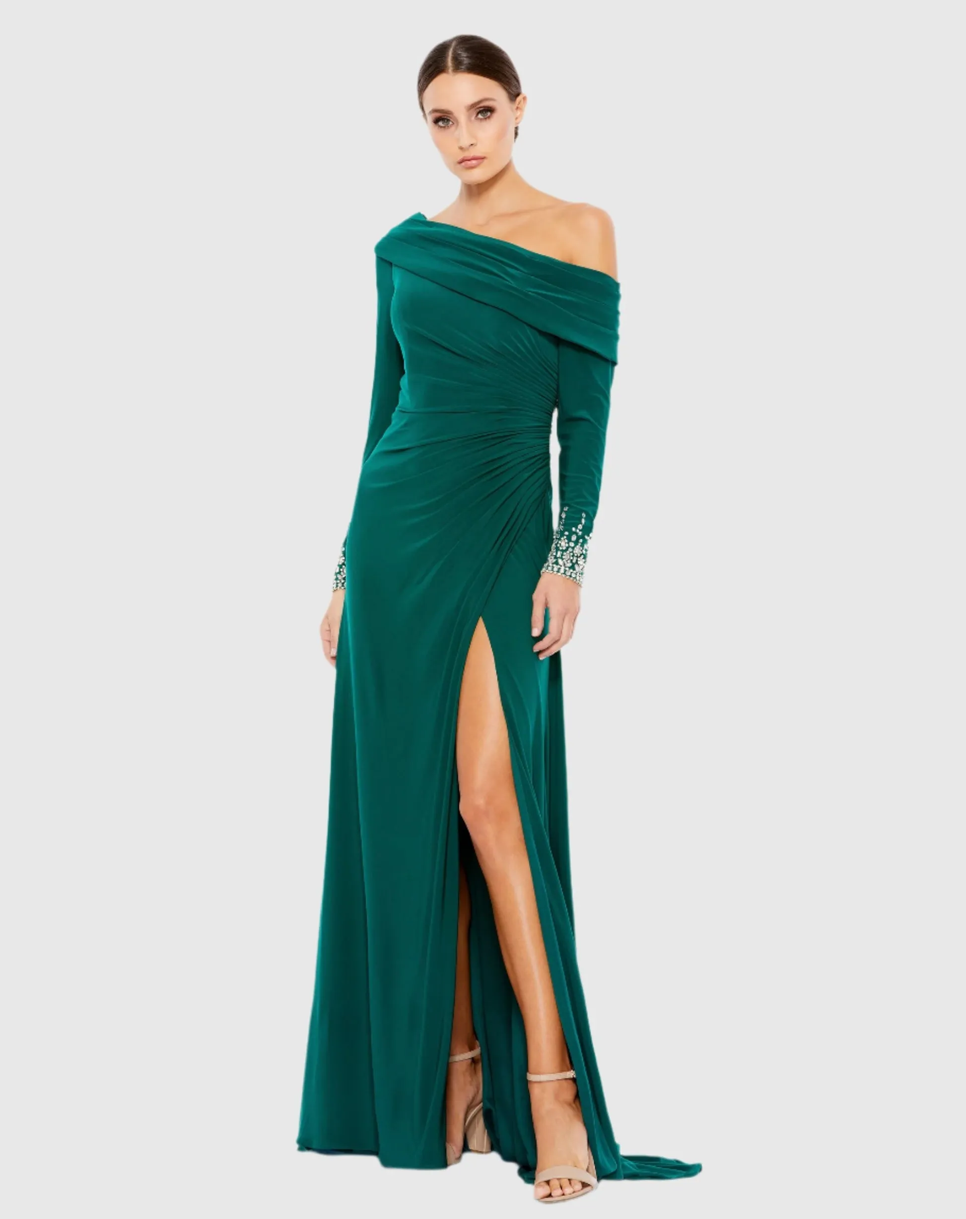 Off-the-shoulder jersey gown with jewel-accented cuffs - Emerald