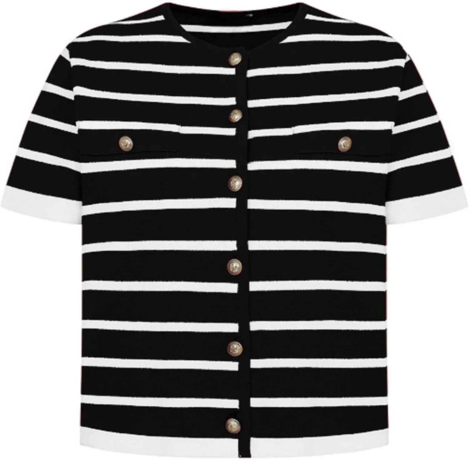 Omoone Womens Striped Cardigan Sweater Short Sleeve Lightweight Summer Button Down Cropped Knit Tops