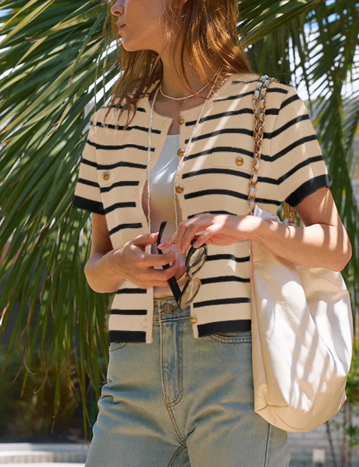 Omoone Womens Striped Cardigan Sweater Short Sleeve Lightweight Summer Button Down Cropped Knit Tops