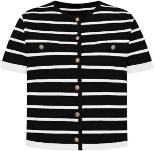 Omoone Womens Striped Cardigan Sweater Short Sleeve Lightweight Summer Button Down Cropped Knit Tops