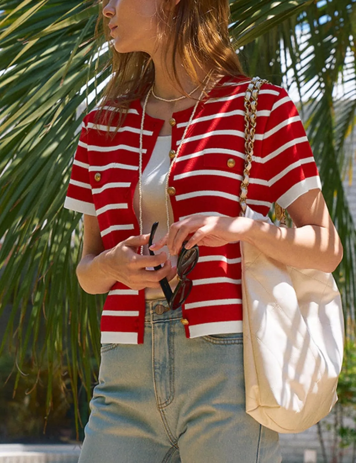 Omoone Womens Striped Cardigan Sweater Short Sleeve Lightweight Summer Button Down Cropped Knit Tops
