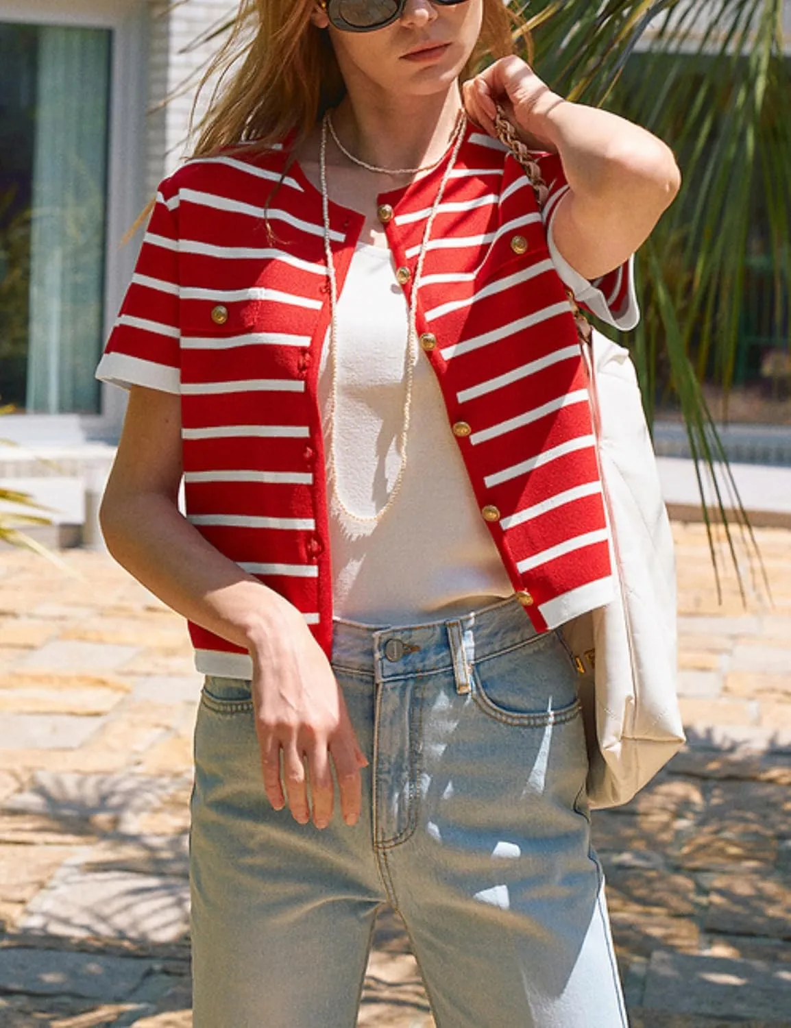 Omoone Womens Striped Cardigan Sweater Short Sleeve Lightweight Summer Button Down Cropped Knit Tops